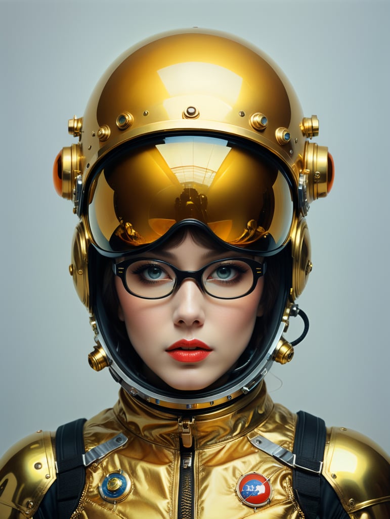 In 1998, abstract fashion photography captured a 1960s astronaut woman in a gold spacesuit with a large helmet and glasses. The art, created by Victor Moscoso and Bridget Riley, used Kodak Ektar 100 film. Carne Griffiths added a touch of magic with fluid art, while artists like Conrad Roset, Ilya Kuvshinov, Mark Fielding, and Zwy Studio emphasized high lights in the eyes. Sergio Lopez and Natalie Shau also contributed to the artwork.