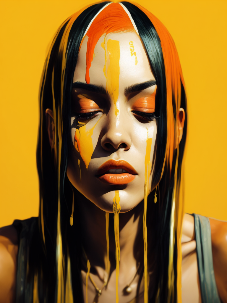 Portrait of a girl with a painted face and paint flowing from her face, closed eyes, yellow background