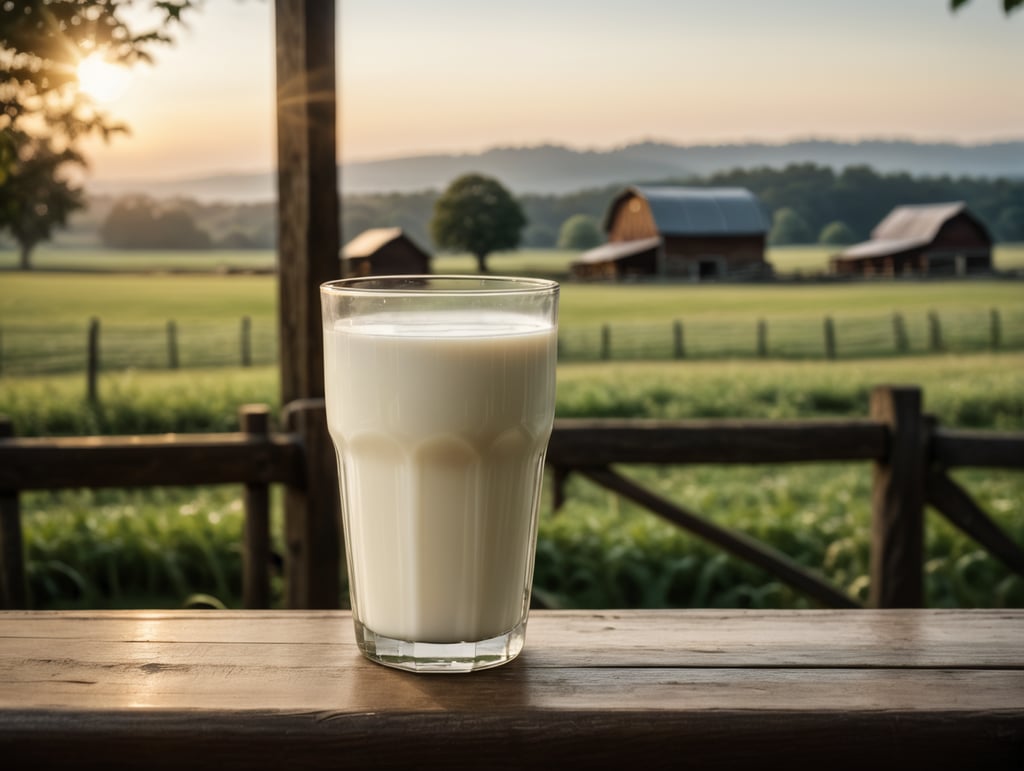 A mockup of a glass of milk, early morning, farm blurred background