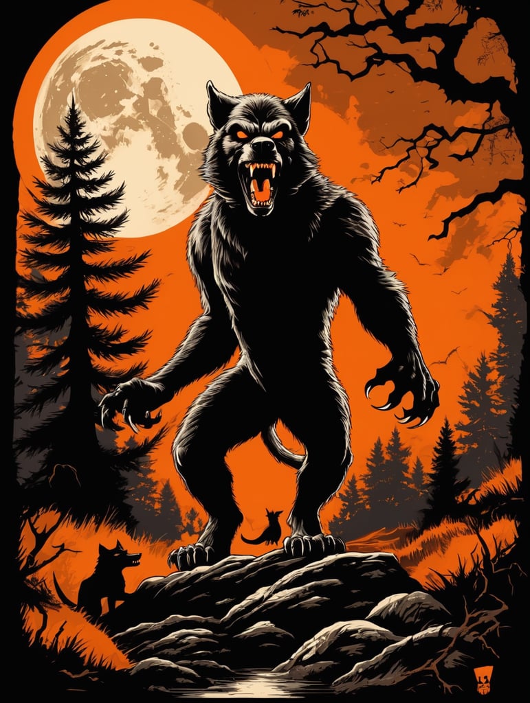 1950's b-movie horror halloween t-shirt print design featuring a werewolf, orange and black hues and lighting