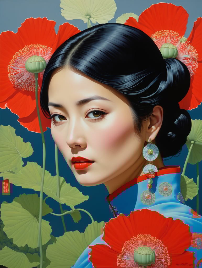 Hiroshi Nagai, ultrafine detailed painting of a woman with a n opium poppy flower in her hair, whimsical, detailed painting