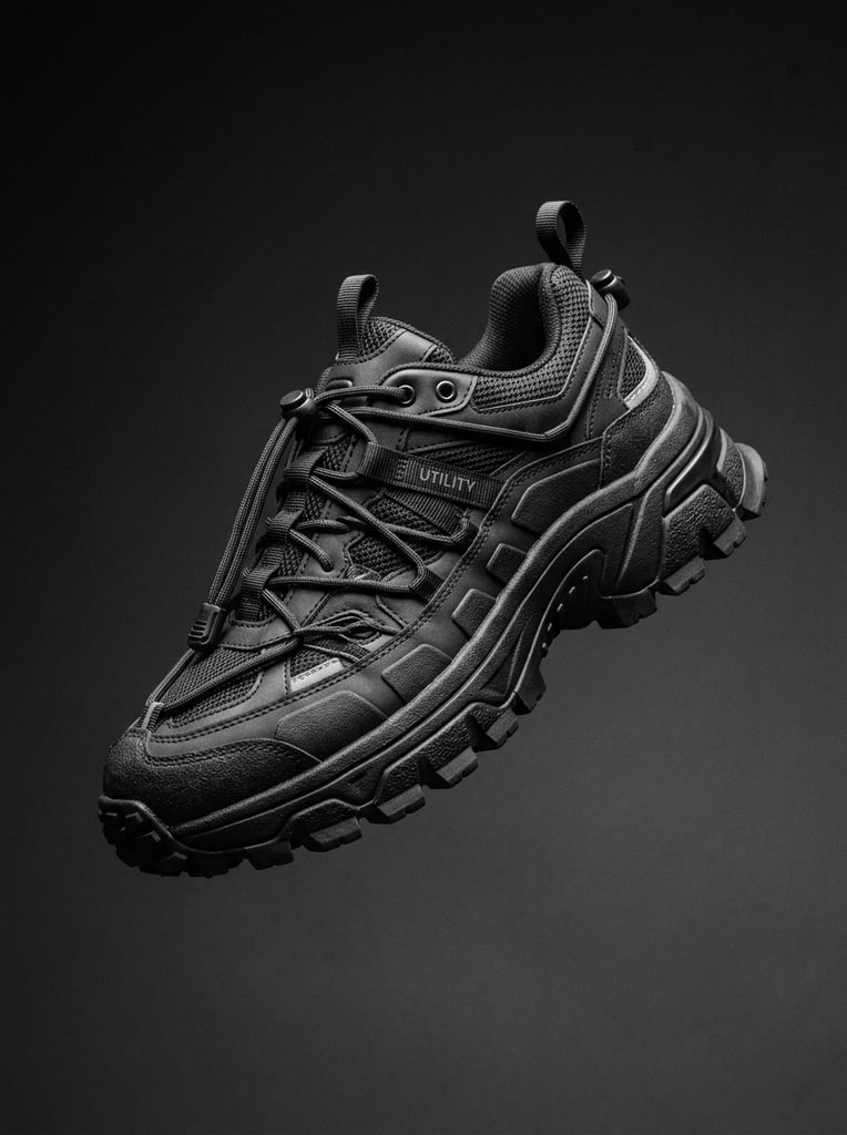 Chunky black utilitarian sneaker floating mid-air, multi-layered mesh and matte rubber, intricate bungee cord lacing, thick rugged segmented sole, dark gradient studio backdrop, dramatic side lighting, sharp focus, monochrome product photography
