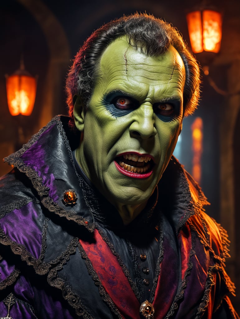Will Ferrell as a creepy evil Frankenstein character wearing spooky Halloween costume, Vivid saturated colors, Contrast color creepy makeup halloween attire horror inspired in 1024x1360 aspect ratio