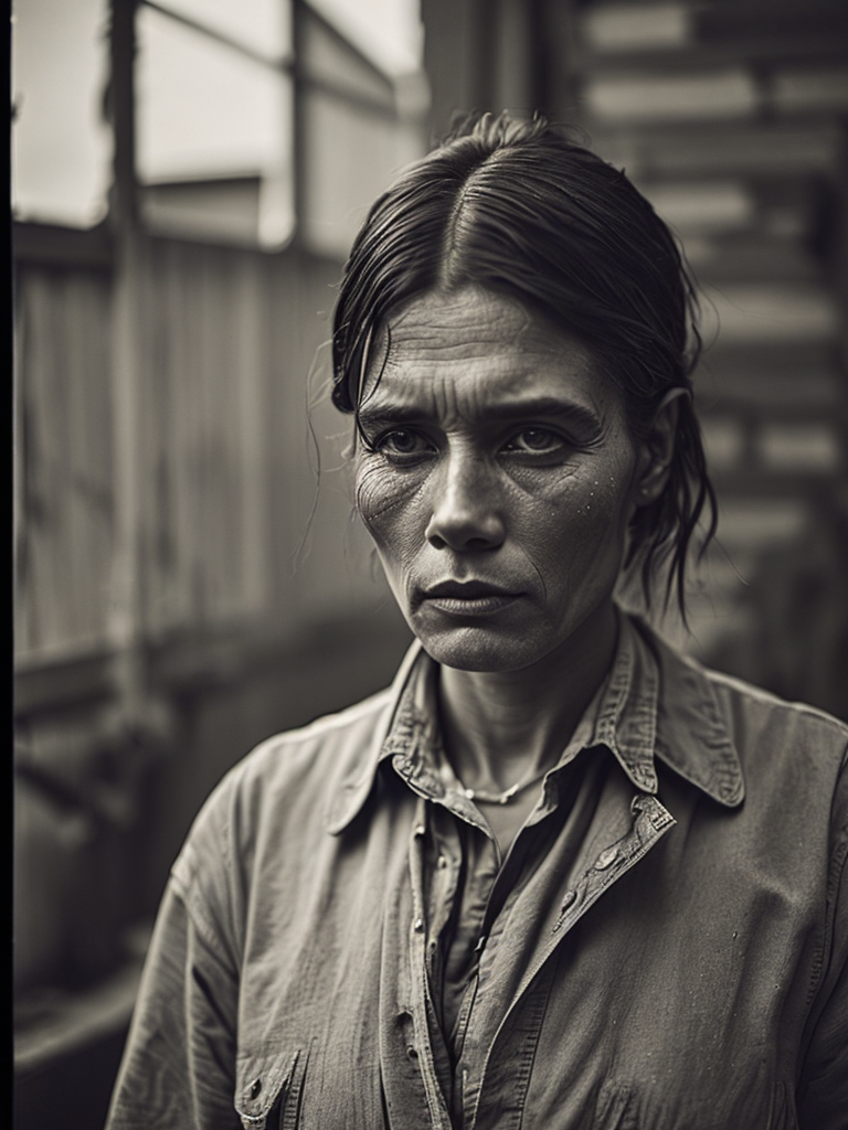 a wet plate photograph of a blind farmer with dark bob haircut, neutral emotions on her face