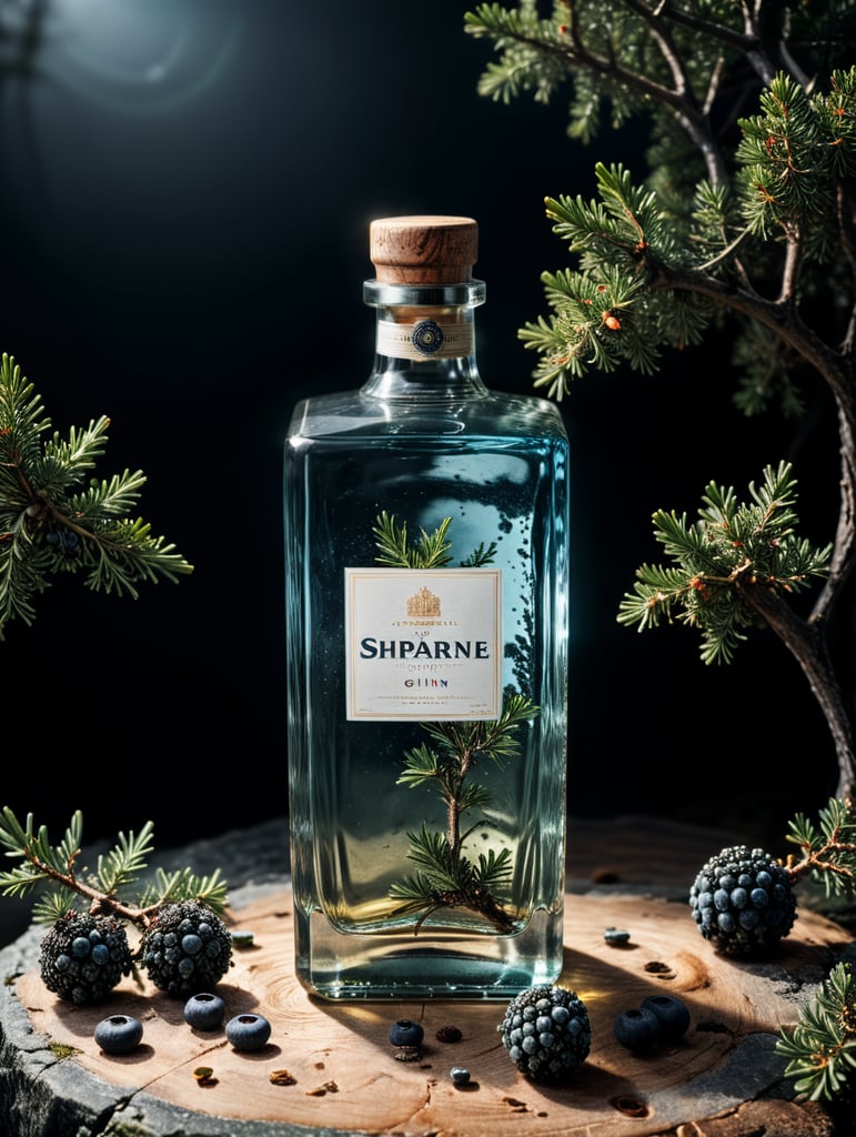 professional photography of a square gin bottle, square bottle, surrounding a juniper and juniper berries, one shot of gin in a front, no label, clear, mockup