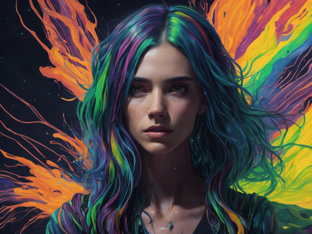 full body shot, (level difference:1.8),(Paint colliding and splashing on the canvas),(depth of field),1girl's side face blends into it,(side face),open mouth,(liquid paint rainbow hair:1.1) made of paint and defies gravity,thick flowing,(paint splatter:1.3),Liquid state,stunningly beautiful, masterpiece, detailed background,ultra high quality model, ethereal background,abstract beauty, explosive volumetric, oil painting,heavy strokes,Romantic lighting,Sub-Surface Scatterring,lens 135mm,f1.8,glow,8k,high resolution, dreamy,ray tracing,hdr,god rays, flat white background