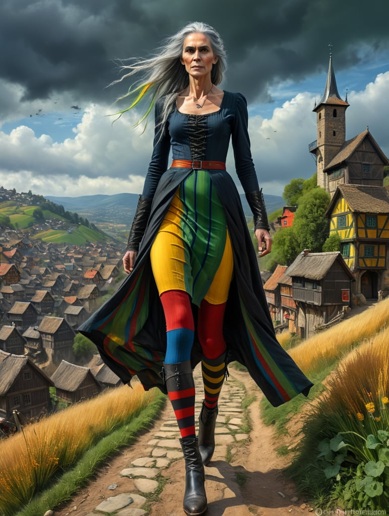 A very tall witch, very old and ugly, skinny with long lank grey hair, a long nose wearing a long grubby black dress scruffy and torn, down to her calves and buttoned up to her throat. She wears striped leggings, blue and green stripes on one leg, red and yellow on the other leg, glimpsed under her dress and black boots. Striding up a hill with a medieval village viewed in the valley below. Flocks of crows circling in the sky. Overcast sky, with dark clouds.