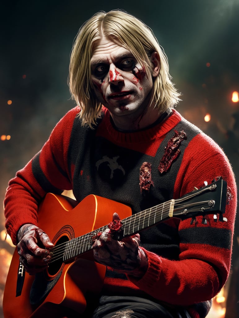 Kurt Cobain as a zombie wearing a red sweater with thick black stipes, playing a guitar, Halloween style, Vivid saturated colors, Contrast color