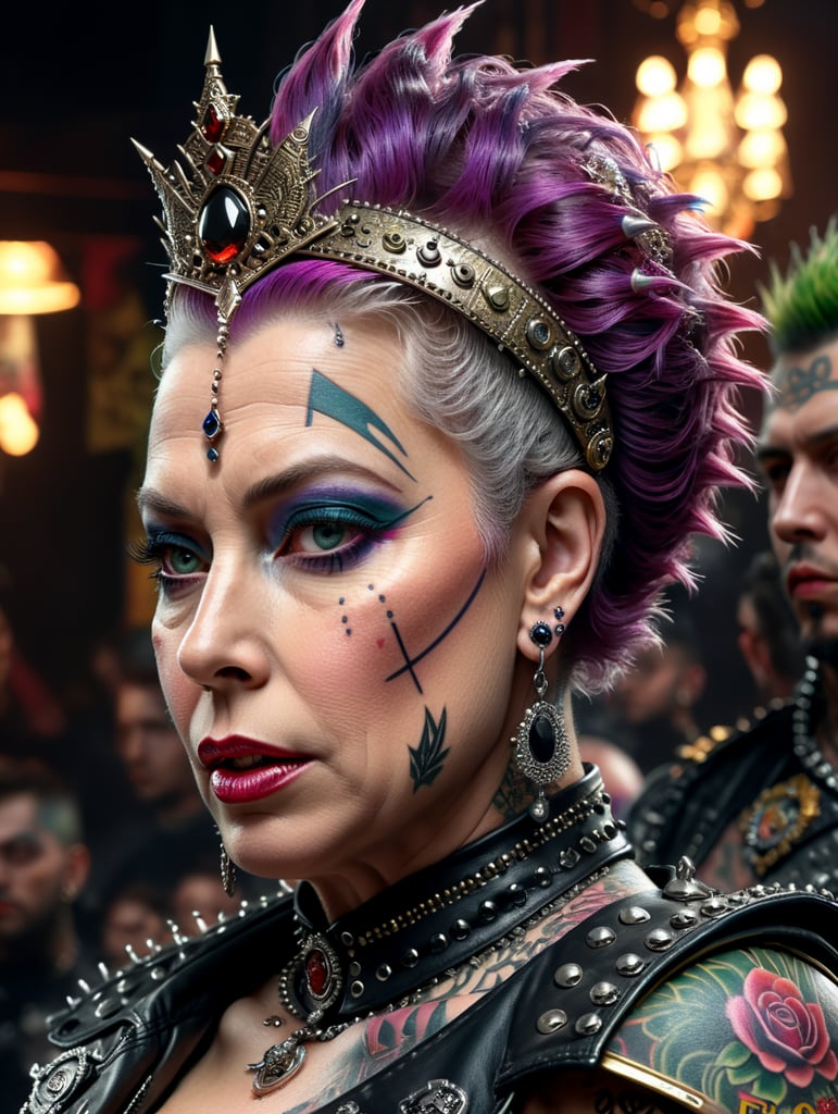 Queen Elizabeth as a punk rocker, full face, tattoos, piercing