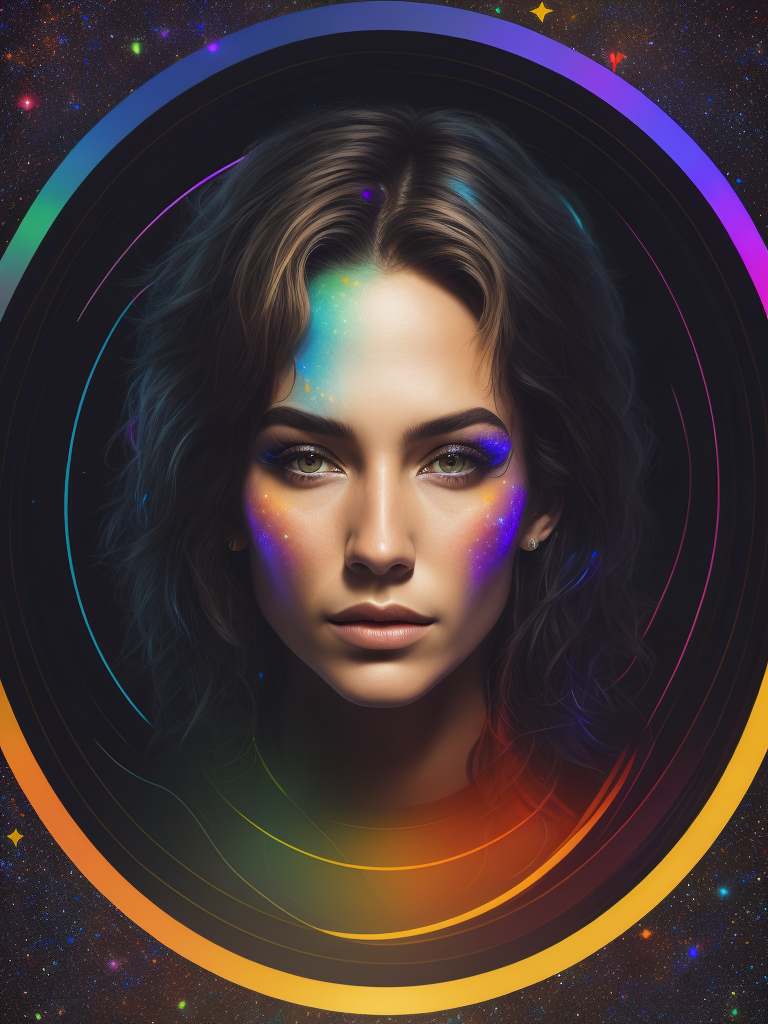 LGBTQ+ shemale Portrait, Circles in rainbow colors behind and stars within each circle