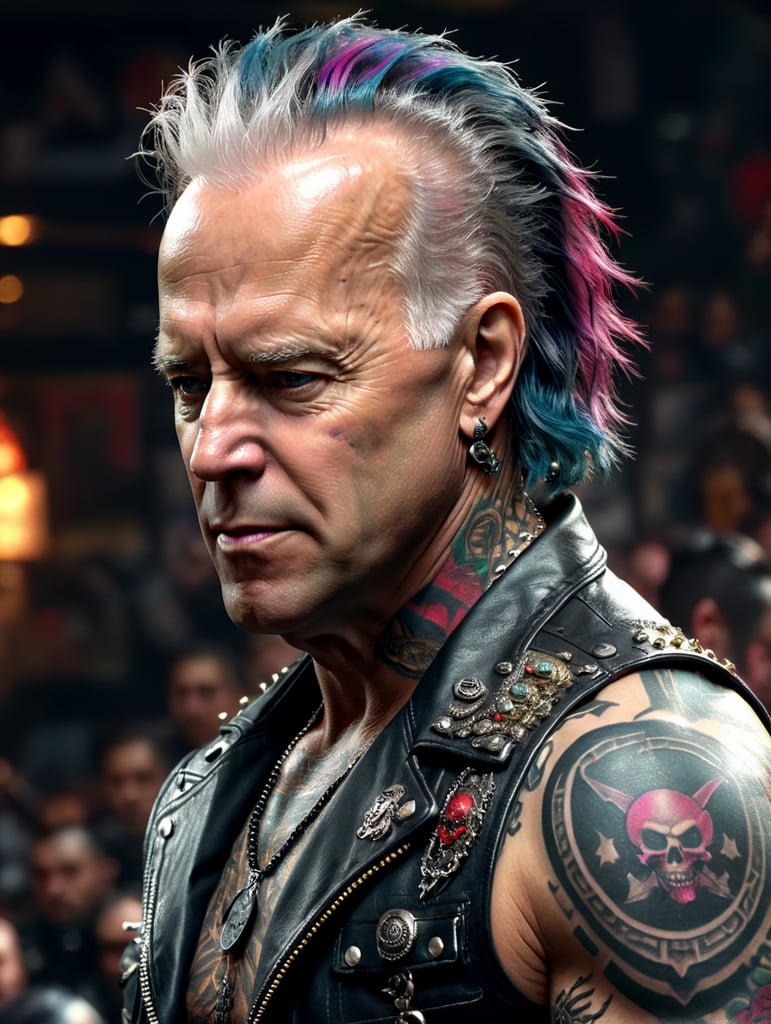 Joe Biden as a punk rocker, full face, tattoos, piercing