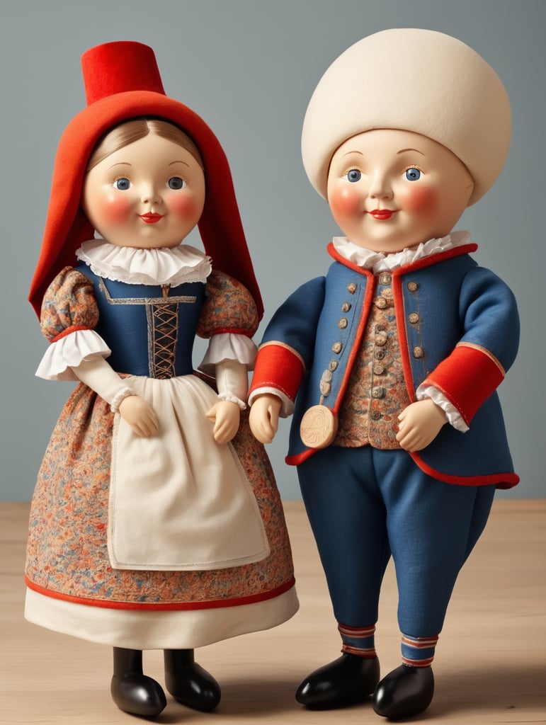 A pair of anthropomorphic dolls in the style of Dutch tradition, soft sculpture, historical subjects, Danish design, folklore theme, colorful caricature