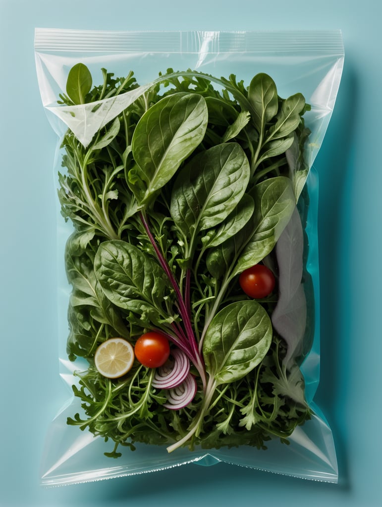 blank Transparent Plastic bag with Arugula Salad, isolated, cyan background, Mockup, mock up