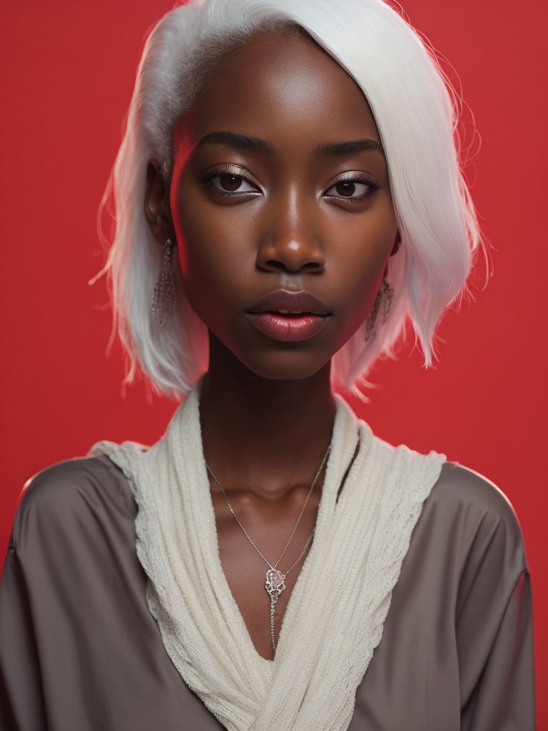 black girl on a red background, red light reflection on her face, White hair