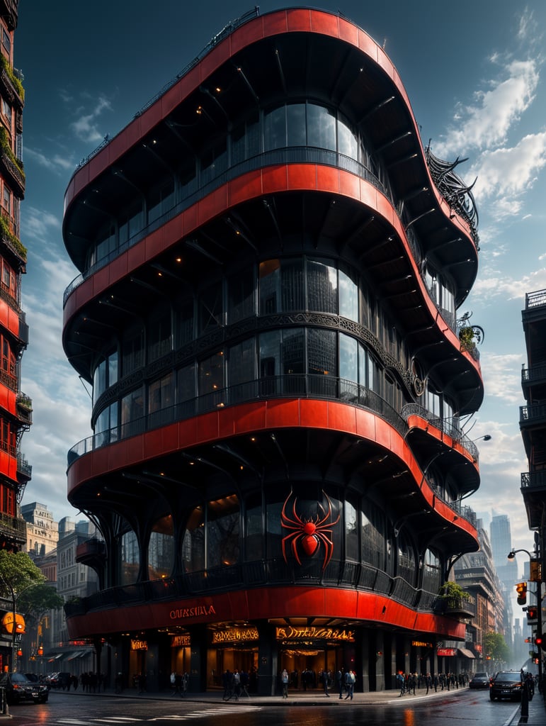 dream prompt: the craziest, bentwood, far view lens architectural modern style hyper realistic hyper detailed neocosmic exterior architecture design of a spider Fluid complex facade, geometric shapes spectrum, black::1 red:3, Antoine Blanchard architecture art style, in new york city, dramatic ambient, natural lighting, camera sony, 8k, --s1000 --style raw, you can imagine