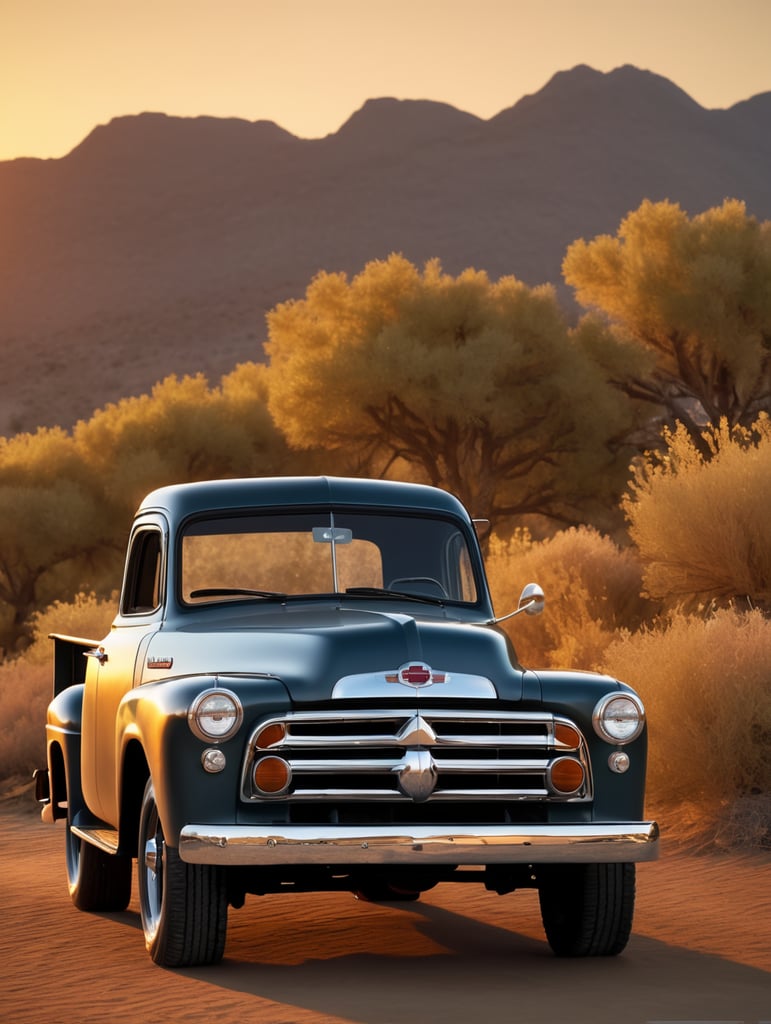 beautiful old pickup at sunset volumetric light, detailed, sharp focus, highly detailed,