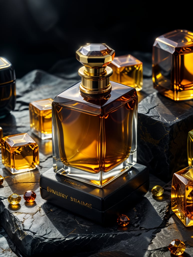 professional photography of a luxury perfume, square bottle, surrounding an amber gems, yellow satin scarf on a background, no label, clear, mockup