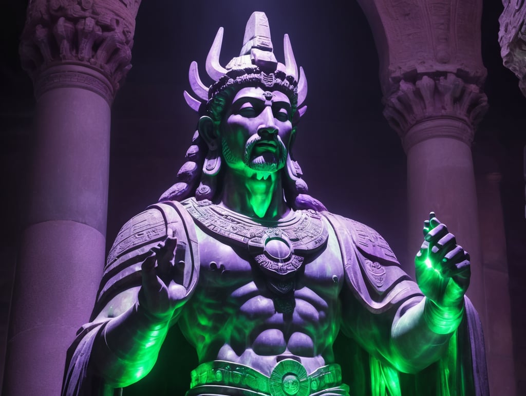 Ancient statue that is so powerful looking, purple and green beaming lights