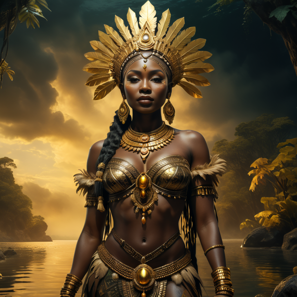 an african queen standing on the water with a golden headdress, in the style of zbrush, chiaroscuro portraitures, detailed costumes, uhd image, forestpunk, bamileke art, western-style portraits