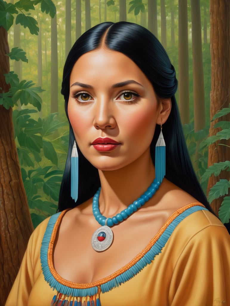Pocahontas, Painting, Oil, Portrait, USA, style of Alex Gross