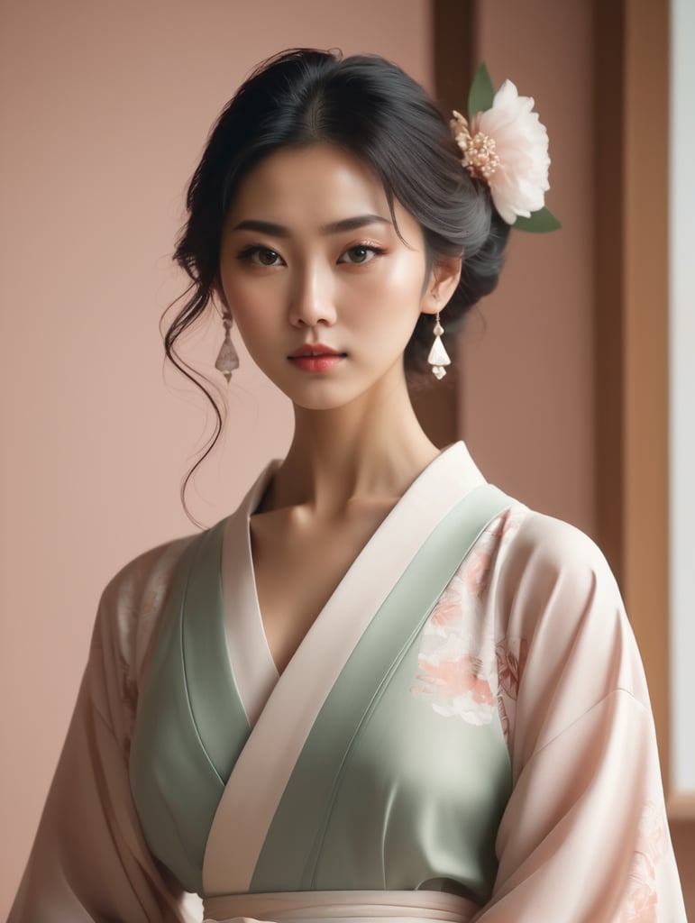 Japan, minimalism, cinematic composition, geometry 25 years old gorgeous goddess of love and beauty, look at camera, matching colors, dynamic movement, shadows, romantic dream, natural tones