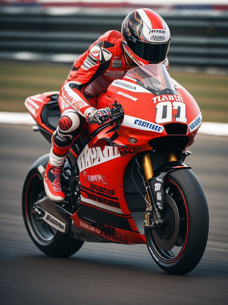 motogp racer on a bike, red colors, on the background of the race track