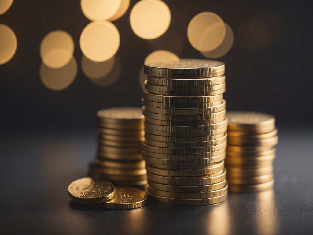 Financial investment concept banking and financial concept, Stack of golden coins on the dark table, dark theme, growing trading graph on the background