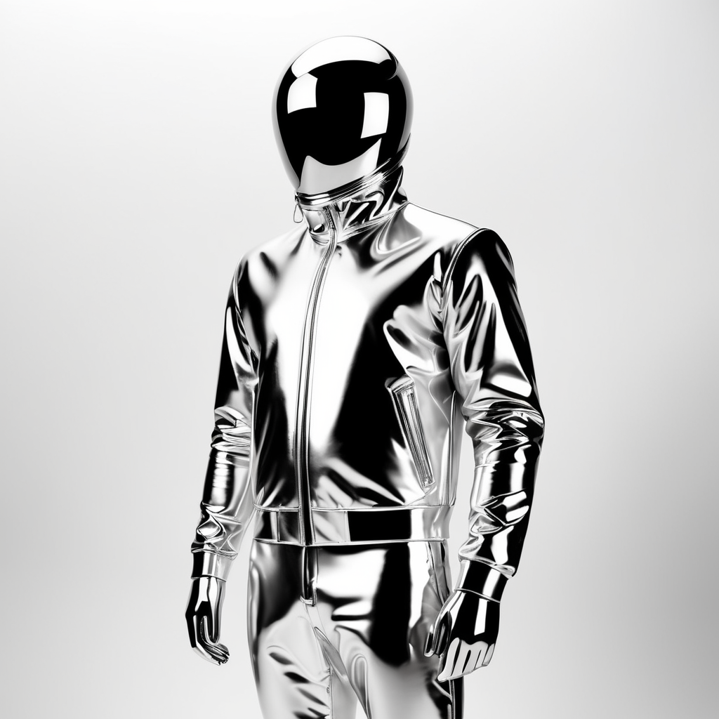 A realistic photo of a chrome shiny jacket on a invisible mannequin, coverall with reflective material, isolated, white background