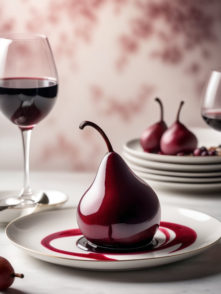 Red Wine Poached Pear with Cream, blurred background