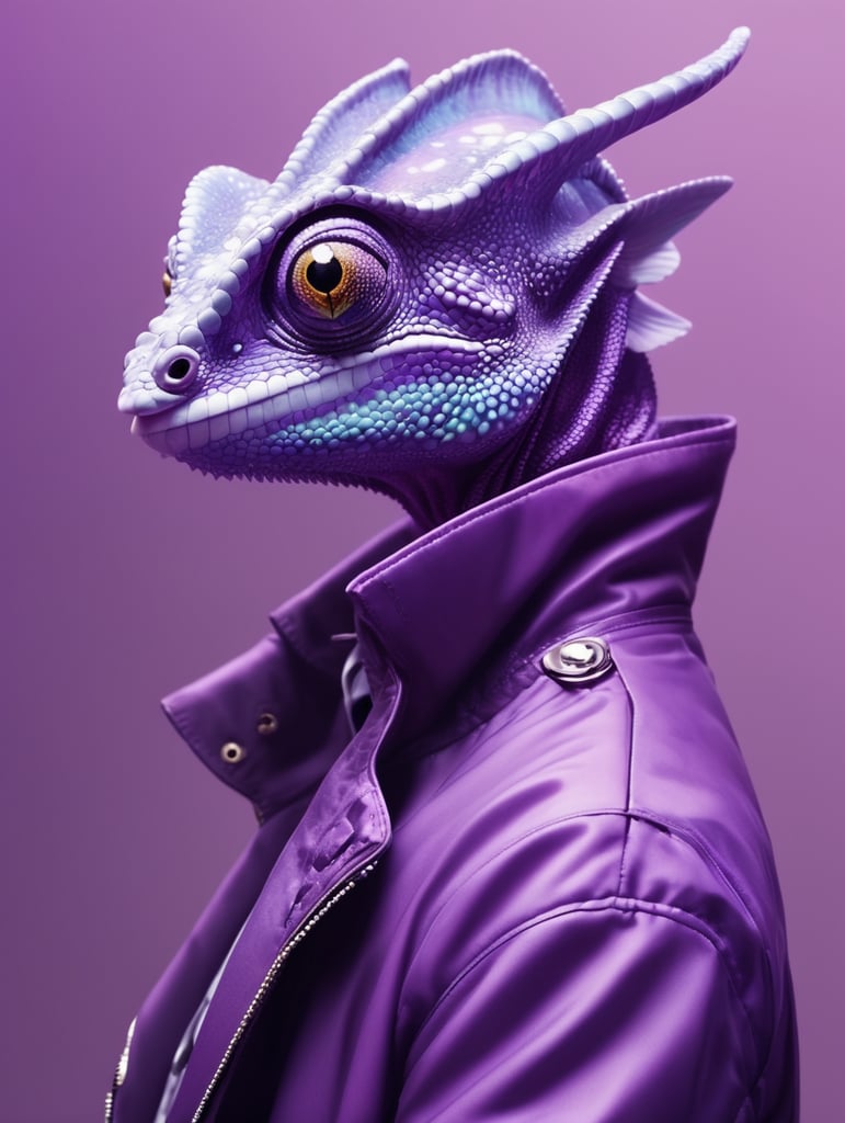 Purple chameleon in the style of clear neo-pop illustrations in stylish clothes, mysterious characters, bright close-up