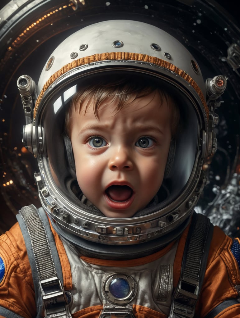 a child in a space suit with a surprised look on his face