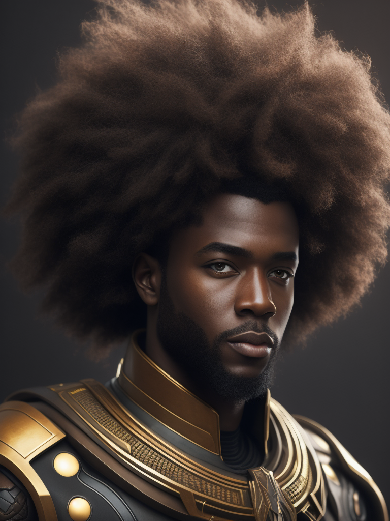 portrait of a male character, afro, with futuristic touches and that is an African god