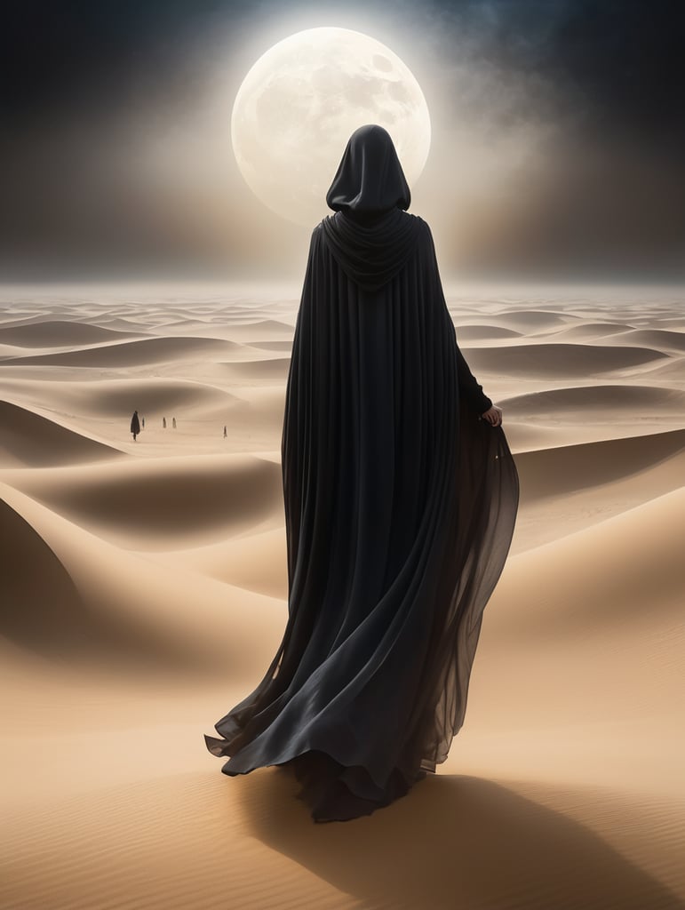 view from behind(((ethereal misty black cloaked woman figure))), clad in dark tones, advancing through a (((dunescape))) under a (rising moon), with (vast, smoldering sand dunes) reflecting an otherworldly light around its surroundings, abstract art