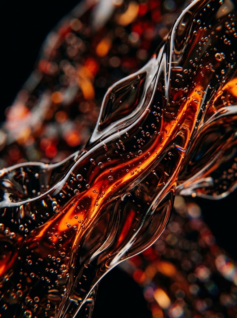 Abstract macro close-up of flowing viscous dark translucent liquid, thick organic waves, tiny suspended spherical bubbles exhibiting chromatic aberration, intense internal fiery orange and deep red glowing refractions, stark black background, ultra shallow depth of field with pronounced bokeh, highly glossy hyper-realistic fluid texture