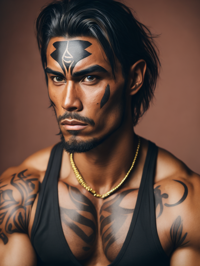 Portrait of a powerful muscular New Zealand native man with a formidable face, face tattoos, contrast color, studio photo, professional photo, rich colors, detailed image