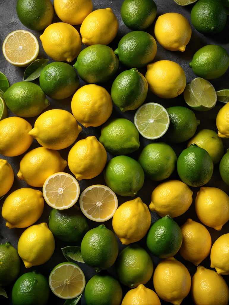close up shot from above, yellow lemons, green lime