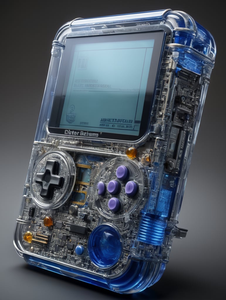 A see through blue translucent game boy designed by dieter rams. industrial design inspiration. unreal engine render, natural lighting, on desk, beautiful shot