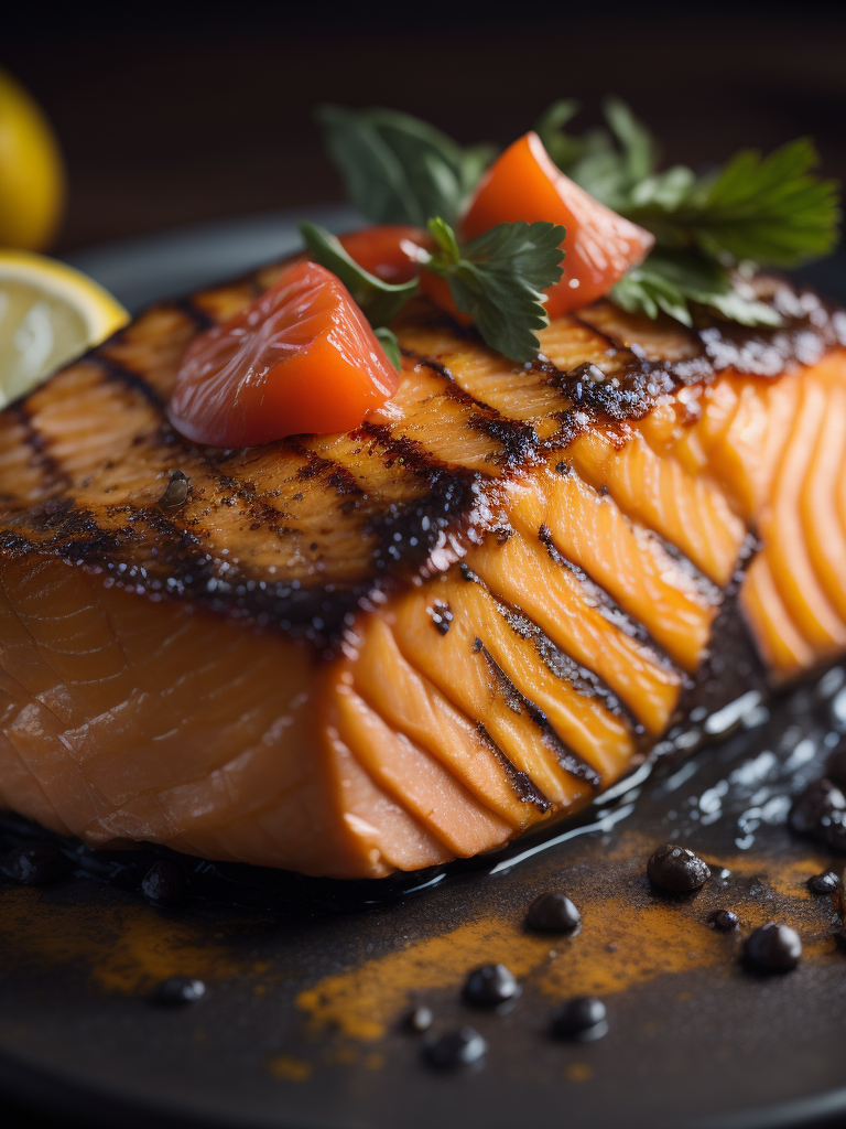 macro photography of a grilled salmon