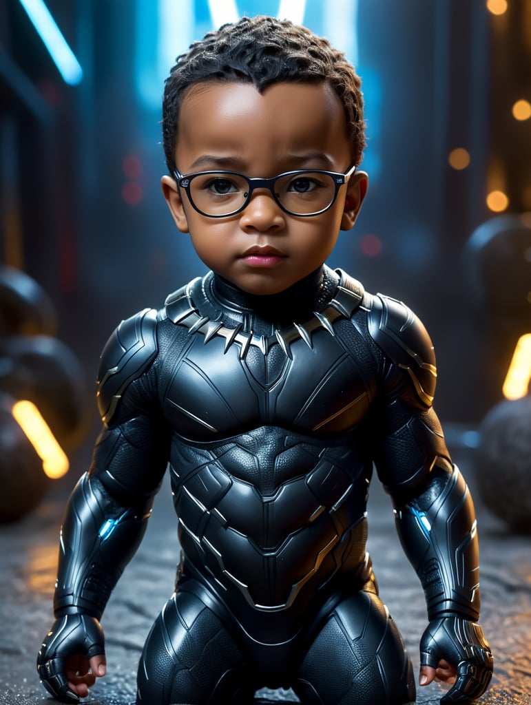 baby version of black panther marvel with black hair full body wearing clear glasses,no mask, without mask, full face,neon light photorealistic, masterpiece,full body photography, Ultra realistic, epic details, photorealistic, Cinematic, Ultra HD, Professional photography