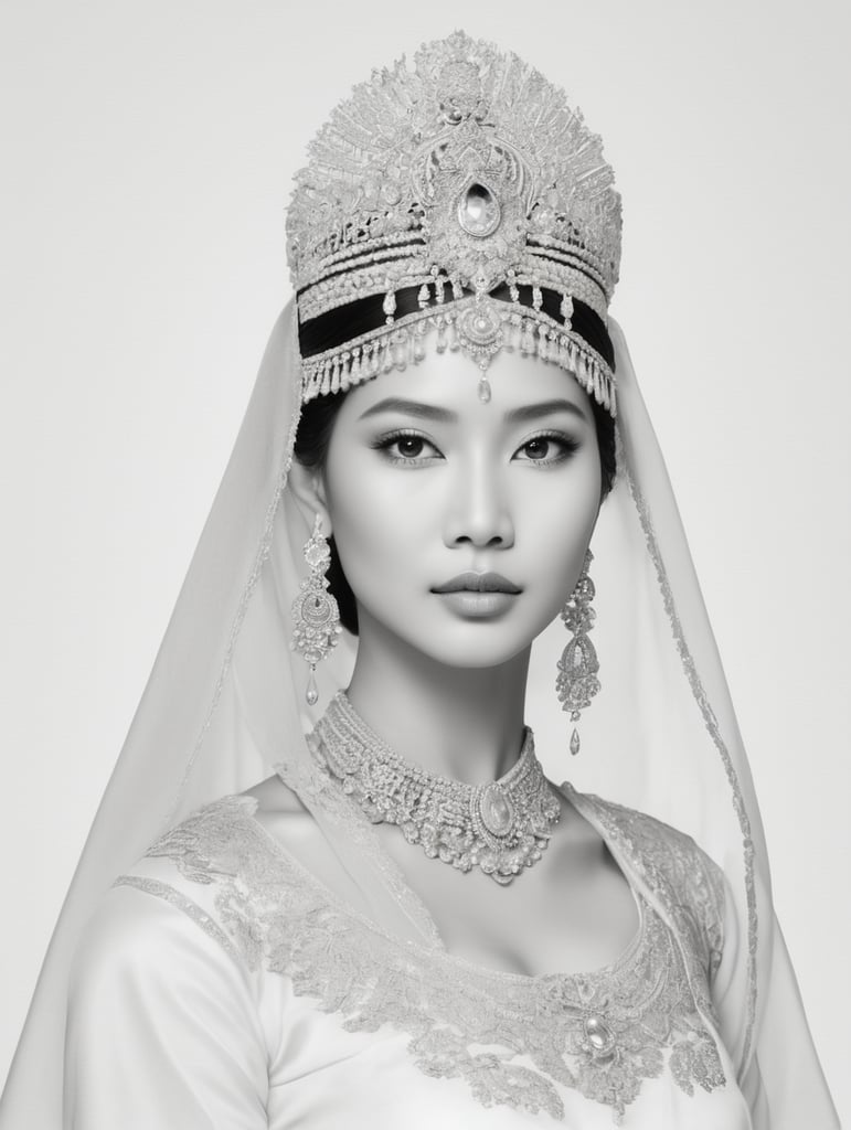 Tribhuwana Wijayatunggadewi, a princess from Majapahit, possesses an aura of regal grace and sophistication. Her countenance is a testament to the richness of Javanese beauty, with large, expressive eyes that reflect wisdom and resilience. The contours of her face are adorned with a refined nose, symbolizing nobility, and her lips carry a subtle yet confident curve, hinting at both grace and strength.