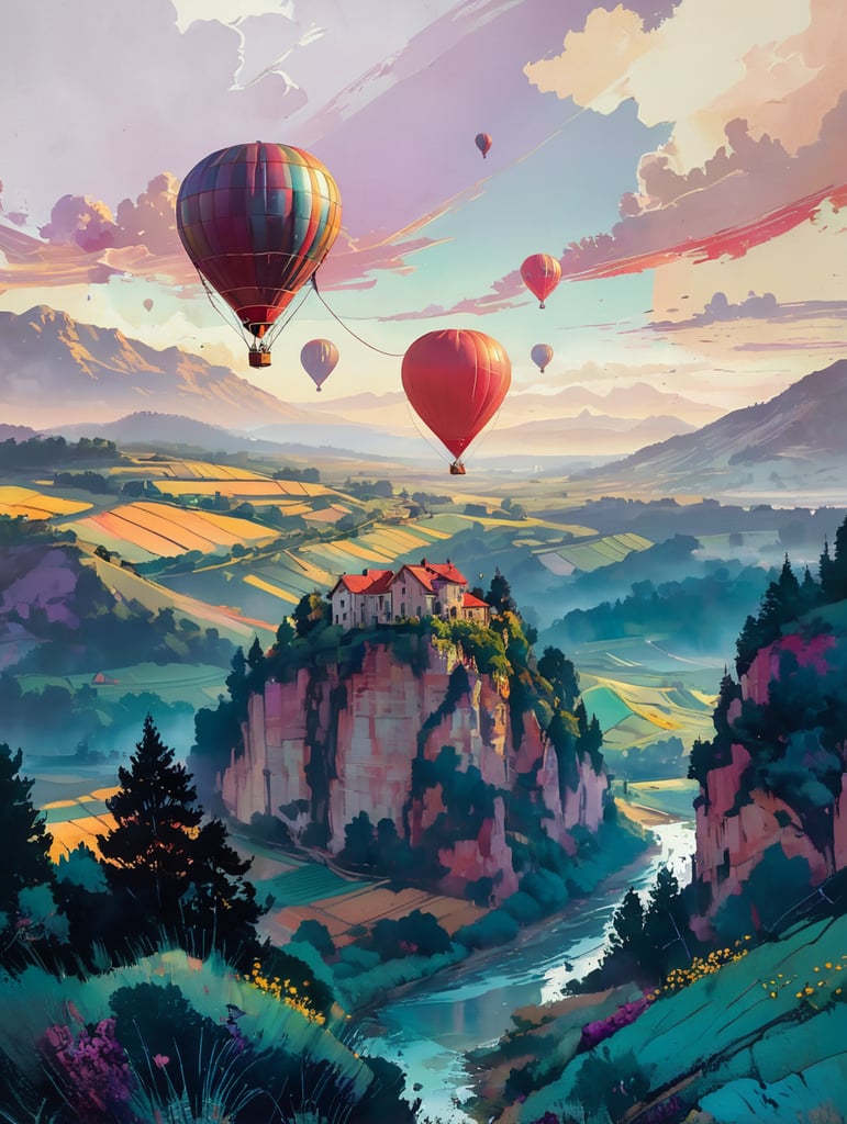 surrealist country background with vineyards and an hot air ballon make with single red grape