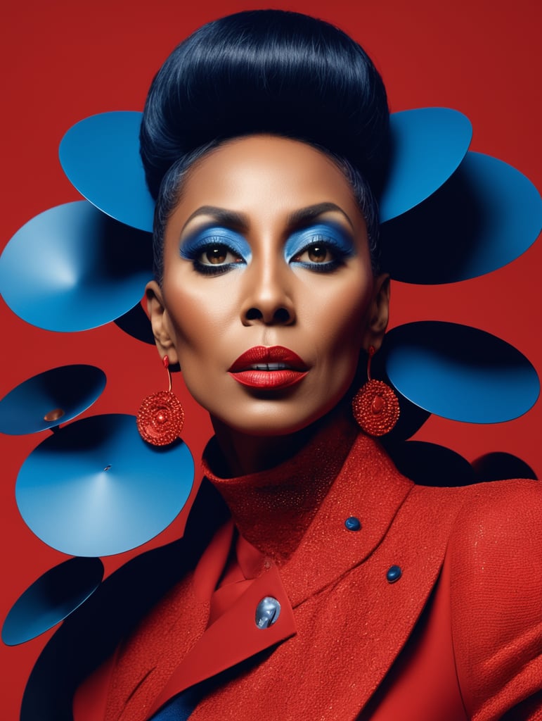 Donyale luna, avant-garde, simplygo, photoshoot spread, dressed in all red, blue background, harpers bizarre, cover, headshot, hyper realistic