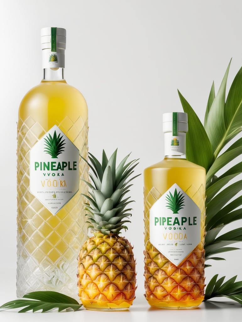 Packaging and branding for a pineapple vodka brand as if it had been designed by HI ESTUDIO with In a set design with pineapple, pineapple leaves.