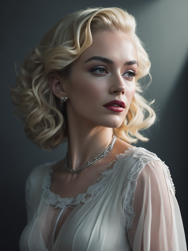 Portrait of Marilyn Monroe, ultra realistic, blonde hair, white dress, bright makeup, gradient background,