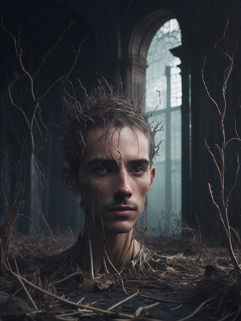 Still life of ribbed abandoned man face portrait on exoplanet in heaven, covered with roots, wires, tubes, organic flesh, meat, standing in a desolate empty wasteland, lit by a column of light from flying saucer ufo above, baroque painting, creepy, nightmare, dream-like heavy atmosphere, surreal abandoned buildings, baroque painting, beautiful detailed intricate insanely detailed octane render trending on artstation, 8k artistic photography, photorealistic, chiaroscuro, raphael, caravaggio, beksinski, giger