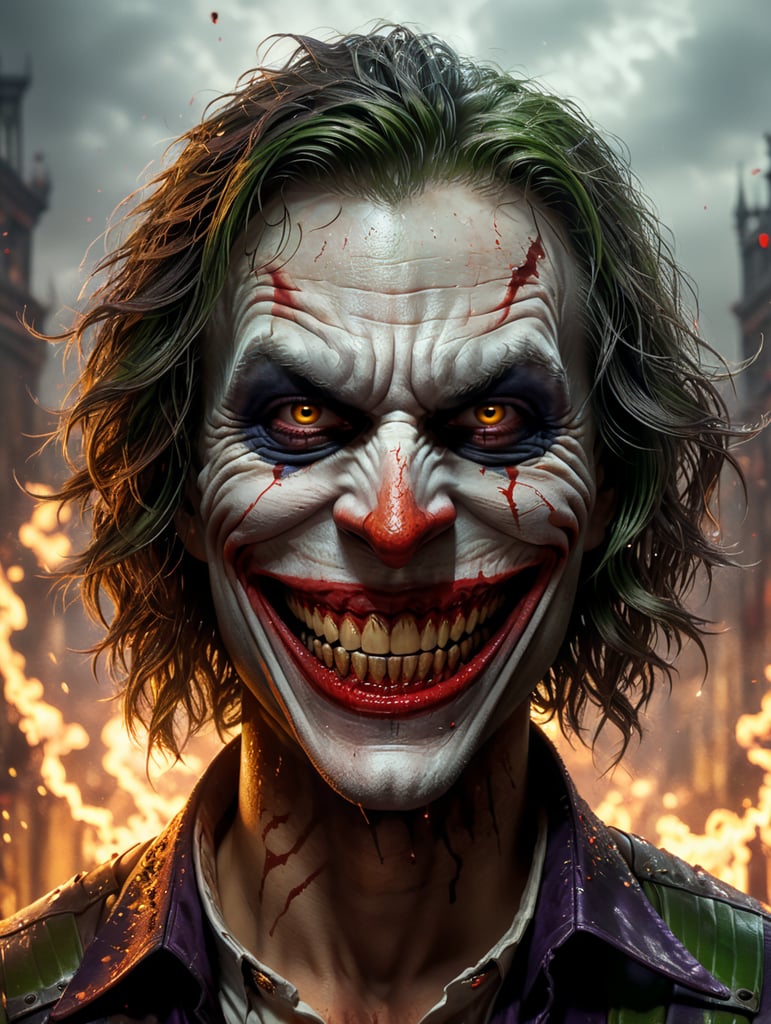Create an image of a big, scary smile resembling the Joker's grin, with teeth that appear to be dripping with blood, all while ensuring that the overall appearance of the image remains unchanged, the face should remain female