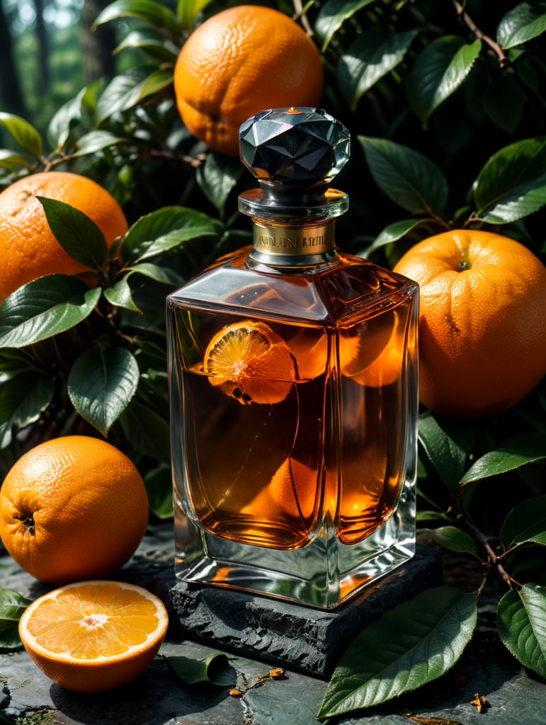 professional photography of a luxury perfume, orange fruits around, orange forest, green satin scarf, no label, clear, mockup