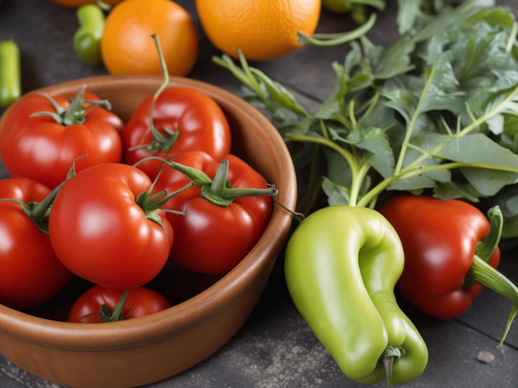 a bowl of tomatoes, peppers, and oranges on a table with greens and oranges in the background, a stock photo, incoherents, Arcimboldo, professional food photography