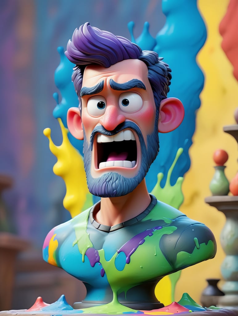 greek male bust with colorful paint, melted, the paint is flowing, aesthetic background