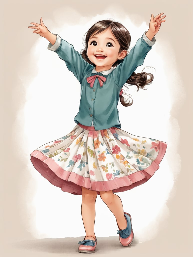 Illustrate the joyous image of a charming young girl seen from behind, happily reaching forward with her hand pointing to the right. The depiction is in an adorable ink sketch style, adorned with cheerful colors. The illustration portrays the full body of a nine-year-old girl with her hands raised on the right side. She is dressed in a skirt and a long-sleeved shirt, enhancing the overall cuteness of the artwork.